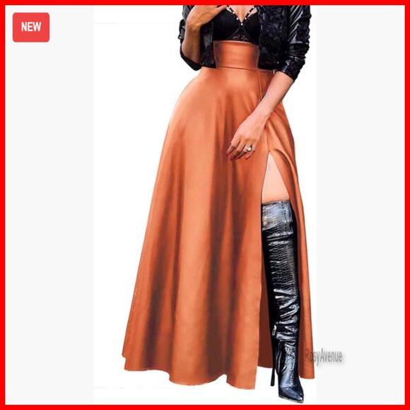 High Waisted PU Leather Maxi Skirt with Pockets and High Slit